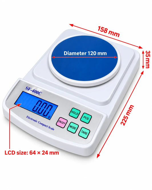 SF-400C electronic compact weighing scale with 225mm length, 158mm width, 120mm weighing platform and digital LCD display, shown with dimensions.
Copy alt text