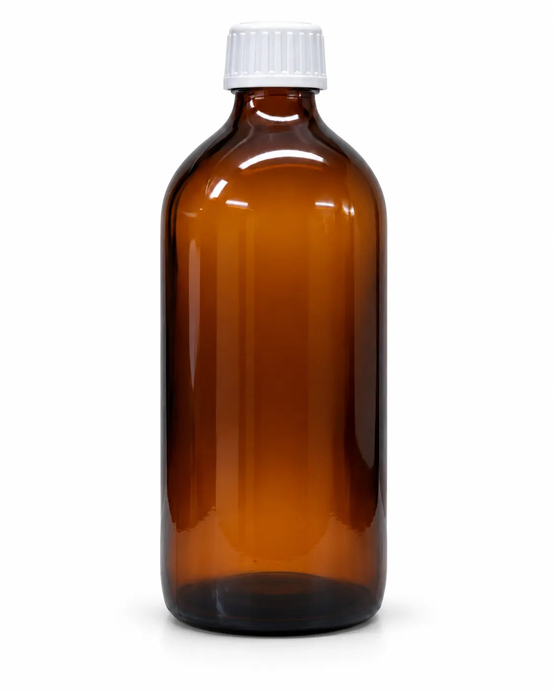 Empty 500ml amber glass bottle with white ribbed screw cap on white background for perfumery ingredient storage – Fragrance Lab.
