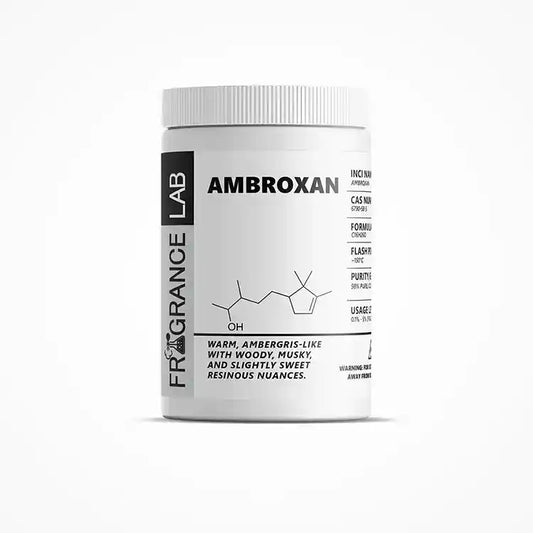 Fragrance lab container labeled 'Ambroxan' on a white background