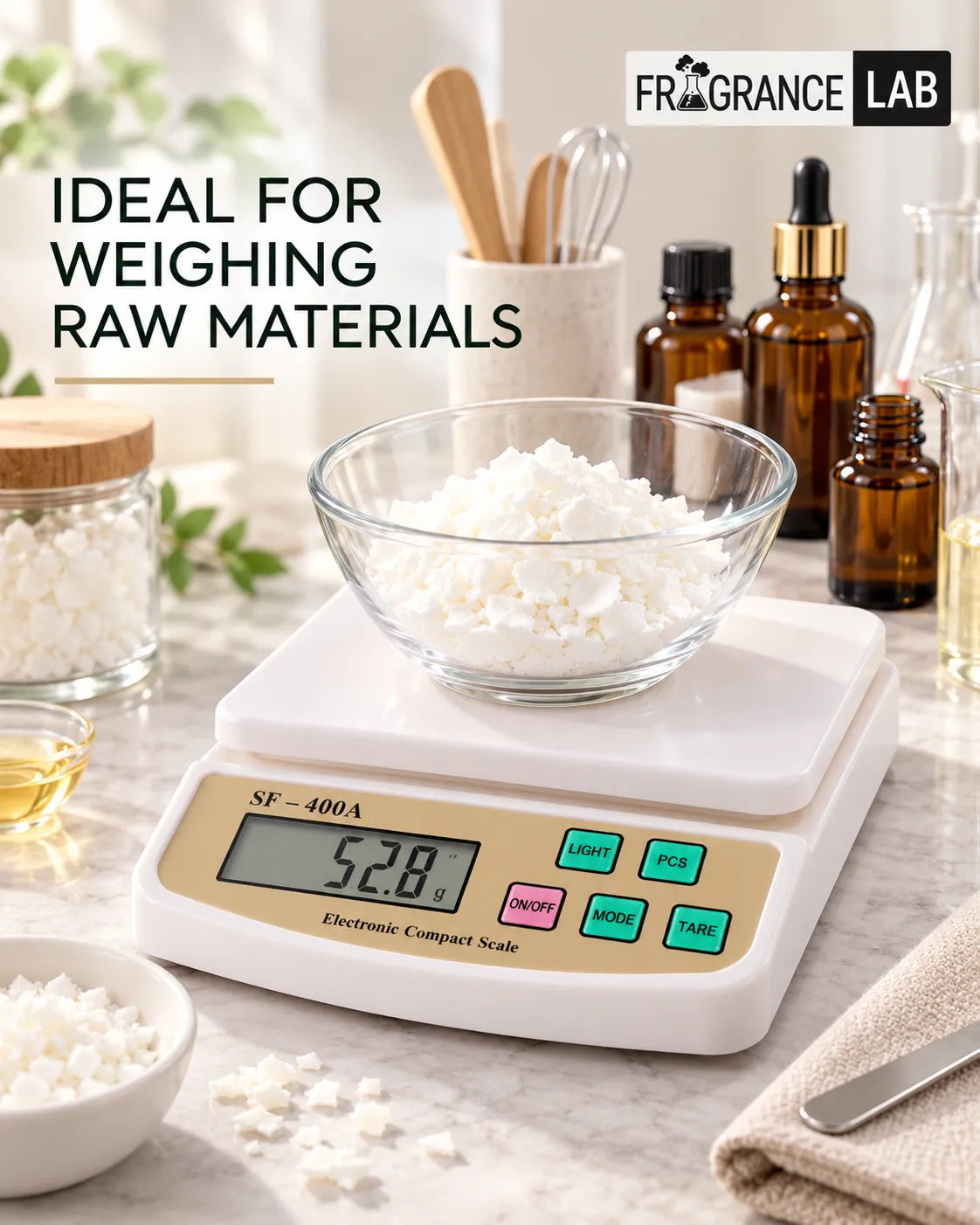 SF-400A digital electronic weighing scale 1g to 10kg with white platform, gold control panel and LCD display for perfume making – Fragrance Lab.