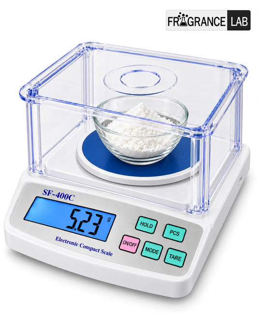 SF-400C digital weighing scale with transparent airflow protection shield, blue circular platform and LCD display for fragrance formulation – Fragrance Lab.