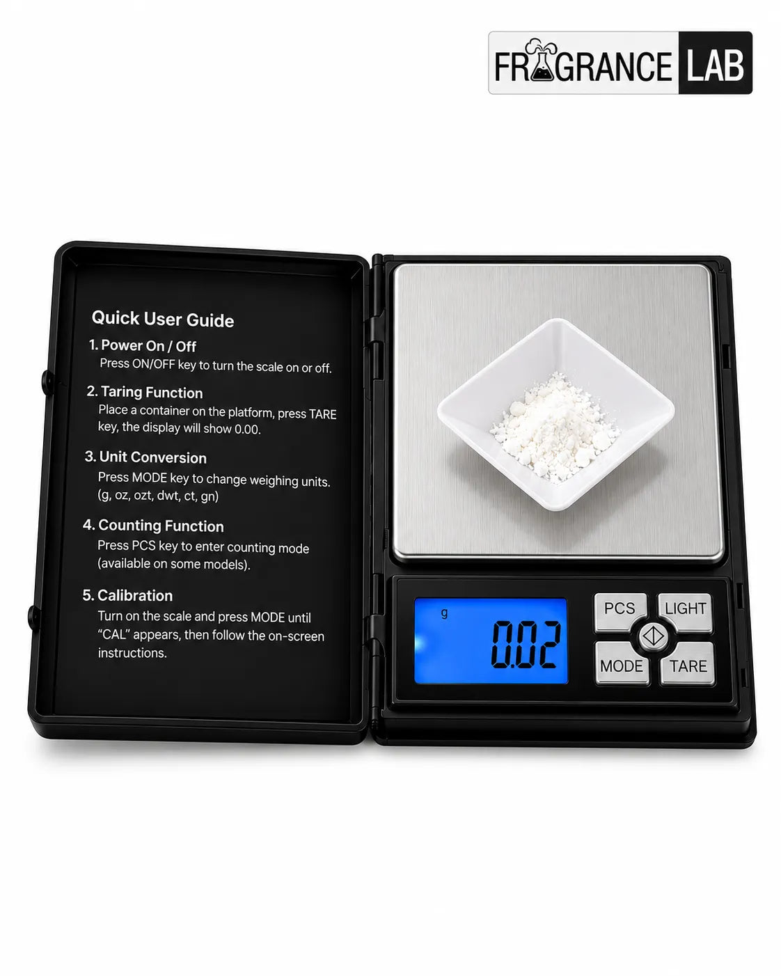 Black digital precision pocket scale for perfume making with stainless steel weighing platform and protective cover – Fragrance Lab.