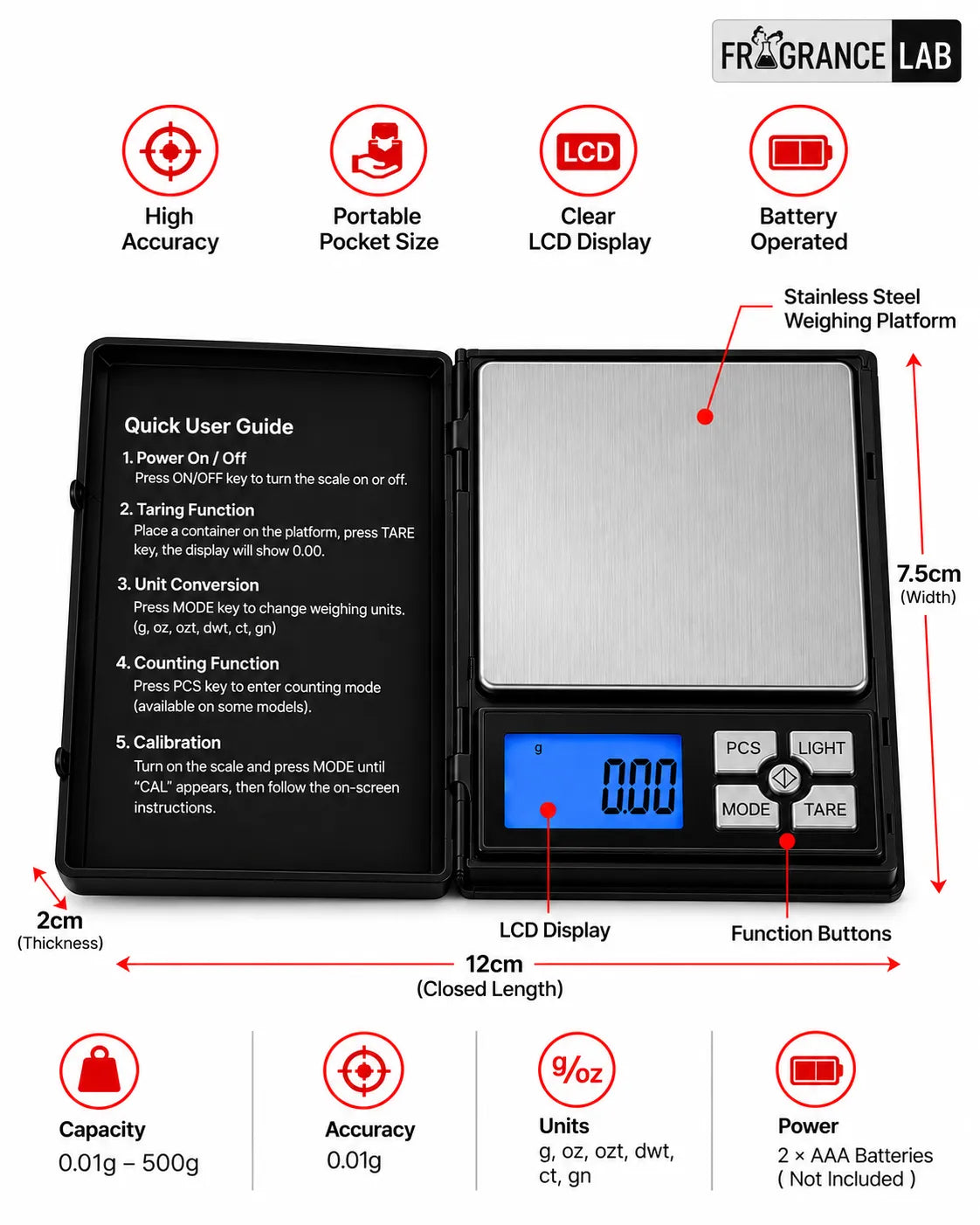 Digital perfume weighing scale 200g × 0.01g showing a small quantity of white powder in a weighing dish on the platform.
