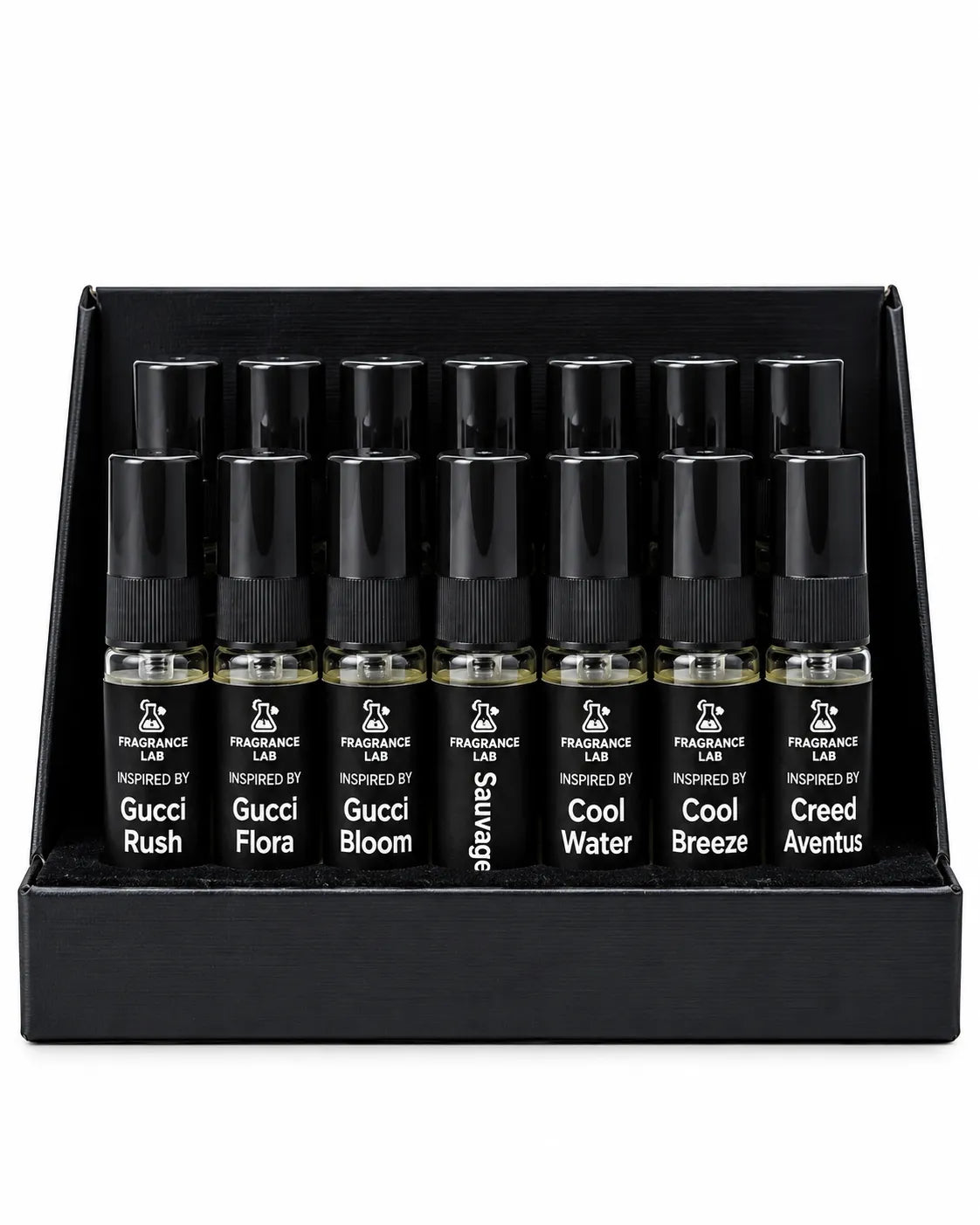 Fragrance Lab black perfume tester display stand with 14 miniature fragrance spray bottles arranged in two rows on white background.
