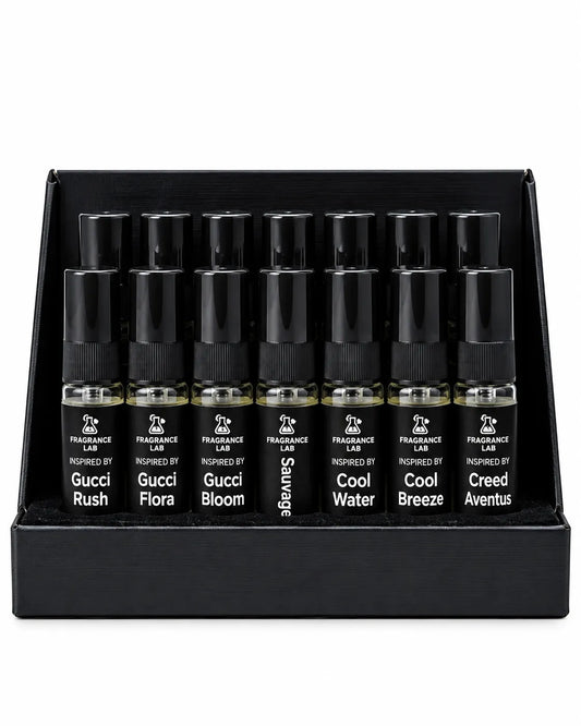 Fragrance Lab black perfume tester display stand with 14 miniature fragrance spray bottles arranged in two rows on white background.