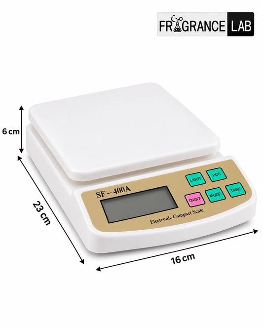 SF-400A 10kg electronic scale showing 23cm length, 16cm width and 6cm height for fragrance production workspaces.